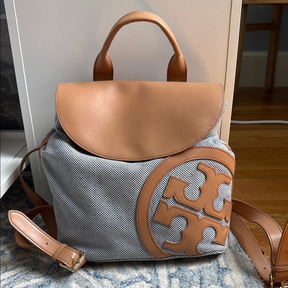 Tory Burch Blue and Tan Leather Backpack with Classic Design